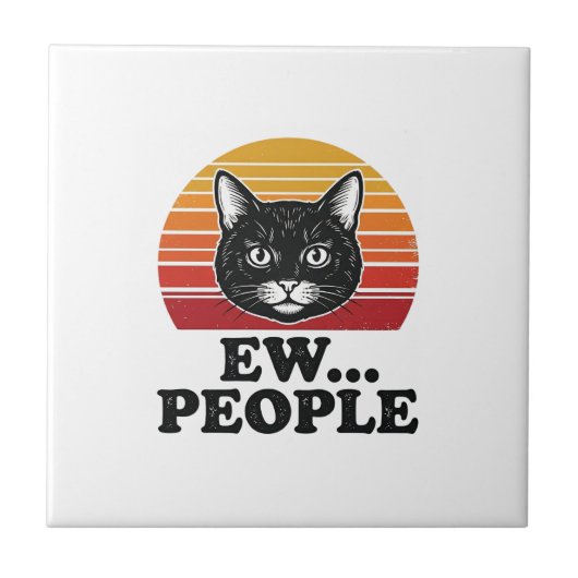 Grappige Zwarte Kat Ew Mensen Retro Zonsondergang Tegeltje (Voorkant)