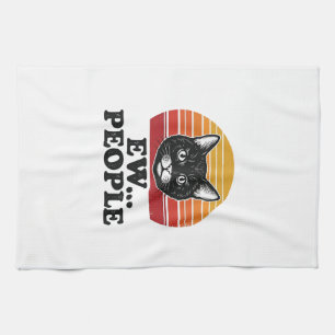 Grappige Zwarte Kat Ew Mensen Retro Zonsondergang Theedoek