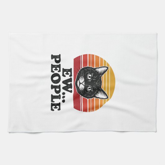 Grappige Zwarte Kat Ew Mensen Retro Zonsondergang  Theedoek (Horizontaal)