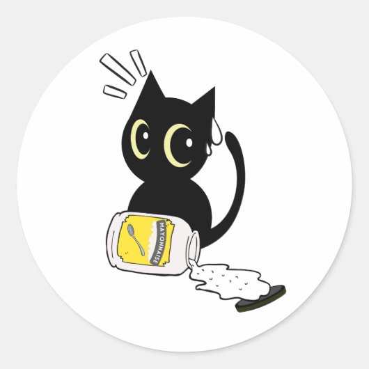 Grappige zwarte kat gemorste mayonaise ronde sticker (Voorkant)