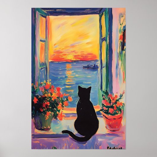 Grappige zwarte kat genietend van de zonsondergang poster (Voorkant)