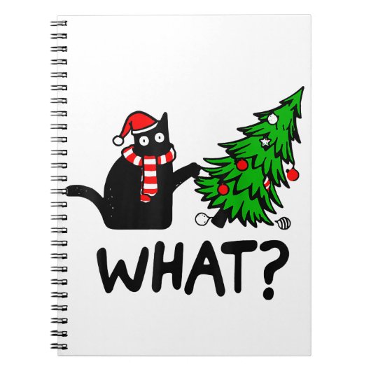 Grappige Zwarte Kat Geschenk Duwt Kerstboom Om C Notitieboek (Voorkant)