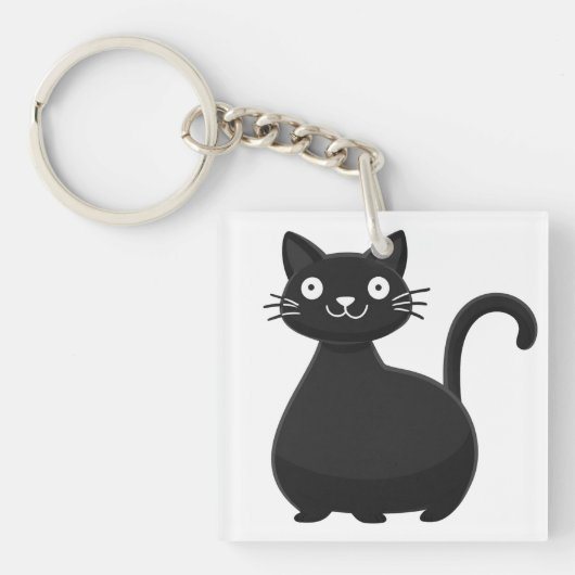 Grappige Zwarte Kat Grote Ogen Moppige Kat Illustr Sleutelhanger (voorkant)