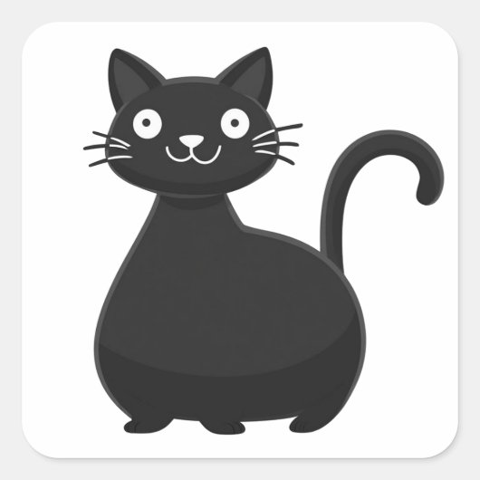 Grappige Zwarte Kat Grote Ogen Moppige Kat Illustr Vierkante Sticker (Voorkant)