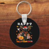 Grappige zwarte kat Halloween Kerstkat Happy Hall Sleutelhanger (Voorkant)