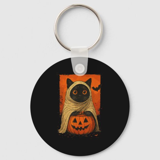 Grappige zwarte kat Halloween pompoen Spooky Ghost Sleutelhanger (Voorkant)
