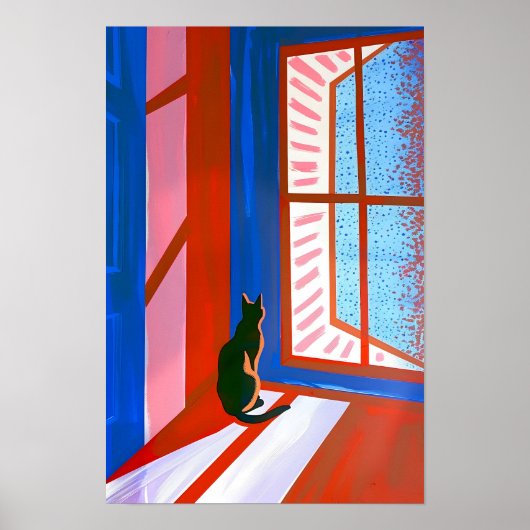 Grappige zwarte kat in het raam poster (Voorkant)