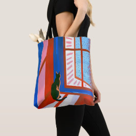 Grappige zwarte kat in het raam tote bag
