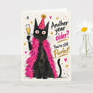 Grappige zwarte kat in roze veren boa verjaardagsk kaart