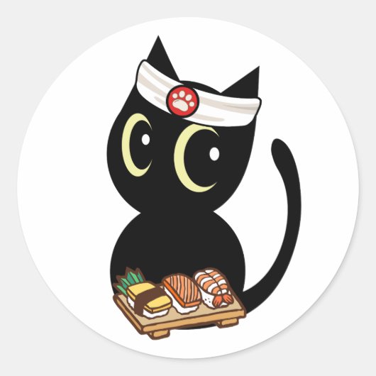 Grappige zwarte kat is een sushi kok ronde sticker (Voorkant)