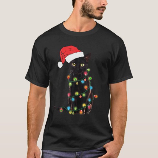 Grappige zwarte kat kerst licht grappige kat liefh t-shirt (Voorkant)