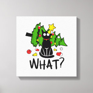 Grappige Zwarte Kat Kerstboom Kerstman Merry Santa Canvas Afdruk