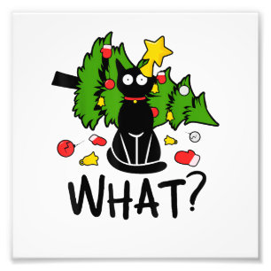 Grappige Zwarte Kat Kerstboom Kerstman Merry Santa Foto Afdruk