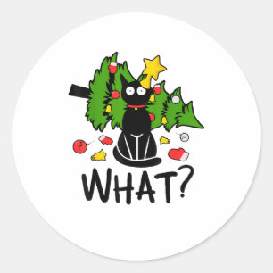Grappige Zwarte Kat Kerstboom Kerstman Merry Santa Ronde Sticker