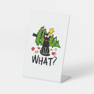 Grappige Zwarte Kat Kerstboom Kerstmis Santa Humor Reclamebord Met Voetstuk