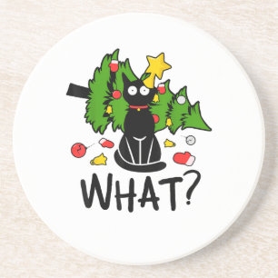 Grappige Zwarte Kat Kerstboom Kerstmis Santa Humor Zandsteen Onderzetter