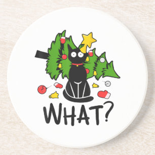 Grappige Zwarte Kat Kerstboom Kerstmis Santa Humor Zandsteen Onderzetter