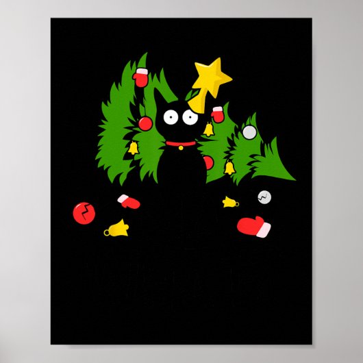 Grappige Zwarte Kat Kerstboom Vrolijke Xmas Humor  Poster (Voorkant)