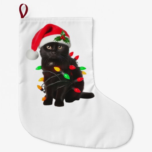 Grappige zwarte kat kerstmuts kerstboom lichten grote kerstsok (Voorkant)