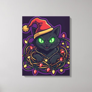 Grappige Zwarte Kat Kerstverlichting Canvas Afdruk