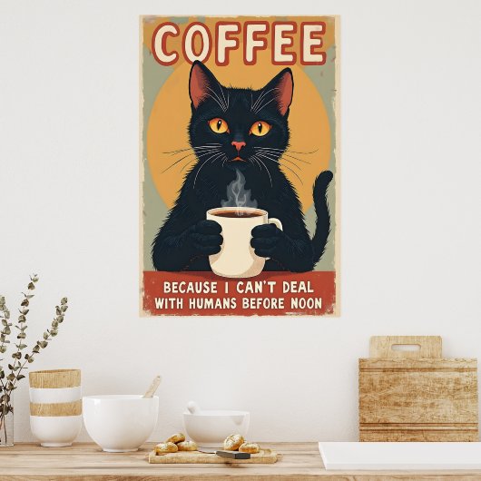 Grappige zwarte kat koffie kunst poster (Keuken)