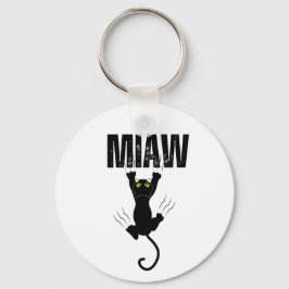 Grappige Zwarte Kat Krabt "MIAW" Grafisch ontwerp Sleutelhanger