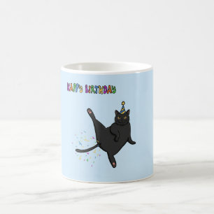 Grappige Zwarte Kat Laat Confetti Vliegen Gelukkig Koffiemok