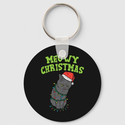 Grappige Zwarte Kat Meowy Kerst Grappige Kat Manne Sleutelhanger (Voorkant)
