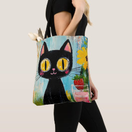Grappige zwarte kat met aardbei tote bag