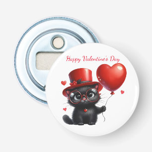 Grappige zwarte kat met ballonnen Valentijnsdag Button Flesopener
