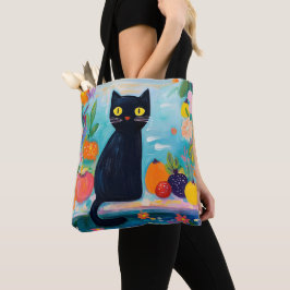 Grappige zwarte kat met kleurrijke verse vruchten tote bag