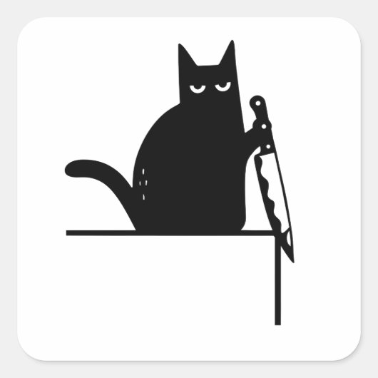 Grappige Zwarte Kat met Mes Decoratie, Deurframe K Vierkante Sticker (Voorkant)