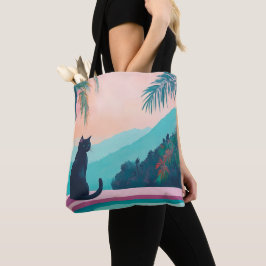 Grappige zwarte kat met mooie natuur tote bag