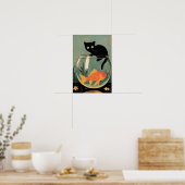 Grappige zwarte kat met vis poster (Keuken)