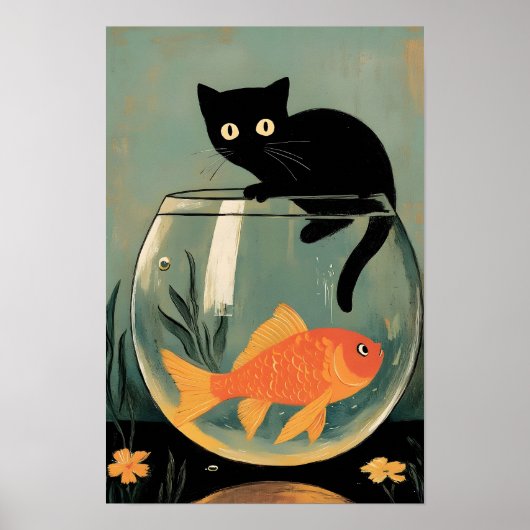 Grappige zwarte kat met vis poster (Voorkant)