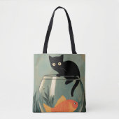 Grappige zwarte kat met vis tote bag (Voorkant)