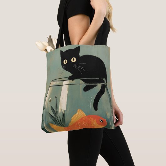 Grappige zwarte kat met vis tote bag (Dichtbij)