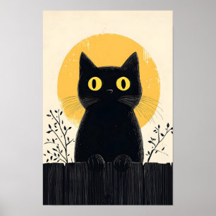 Grappige zwarte kat met volle maan poster