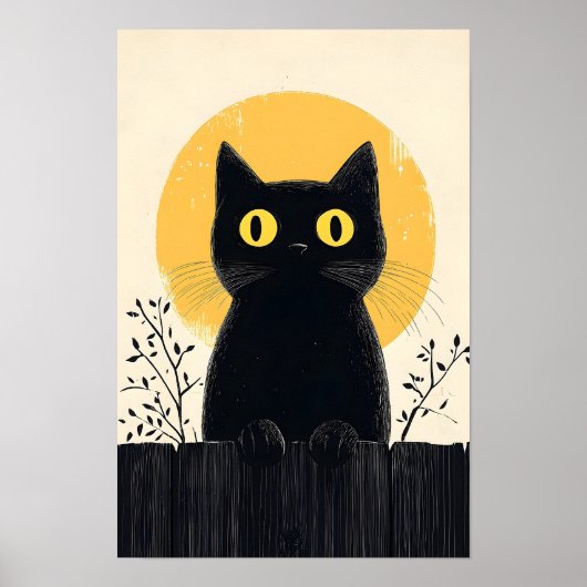 Grappige zwarte kat met volle maan poster (Voorkant)