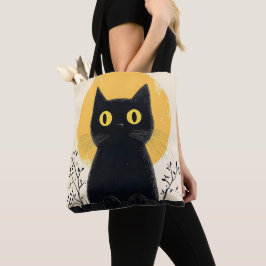 Grappige zwarte kat met volle maan tote bag