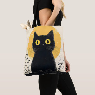 Grappige zwarte kat met volle maan tote bag