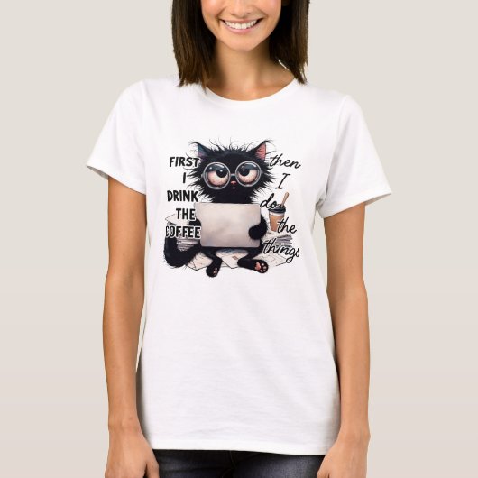 GRAPPIGE ZWARTE KAT OP DE COMPUTER T-SHIRT (Voorkant)