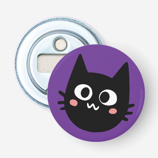 Grappige Zwarte Kat Paars Button Flesopener (Voorkant)