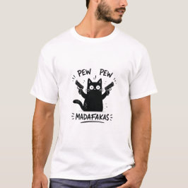 Grappige zwarte kat Pew Pew ontwerp T-shirt