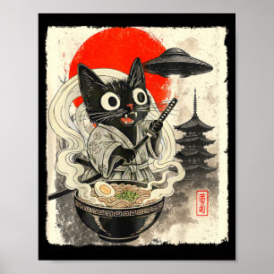 Grappige Zwarte Kat Ramen Alien Ufo Ontvoering Jap Poster