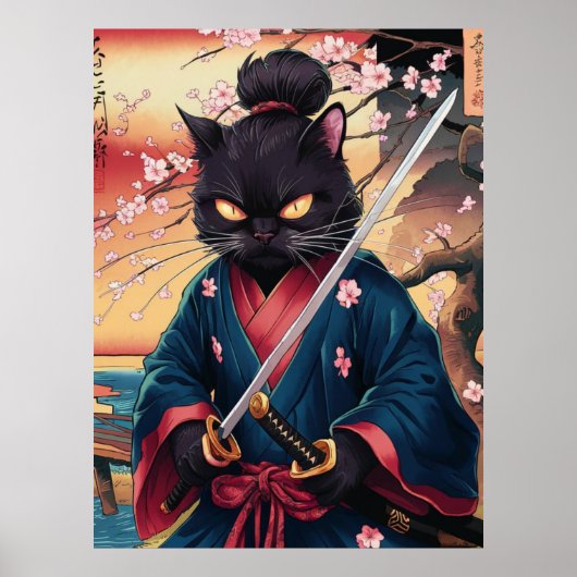 Grappige Zwarte Kat Samurai Poster (Voorkant)