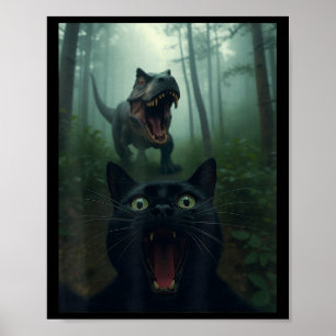 Grappige zwarte kat selfie met T-rex dinosaurusbos Poster