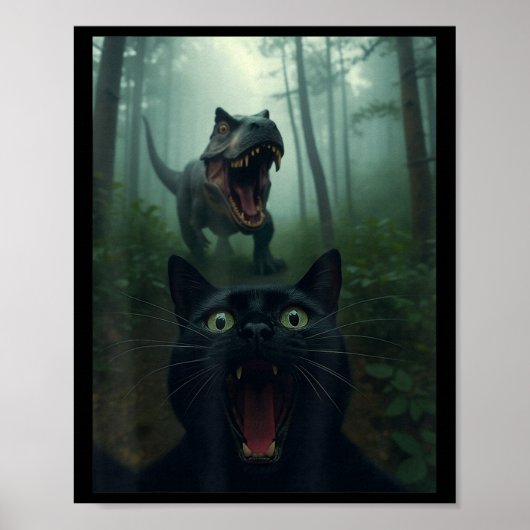 Grappige zwarte kat selfie met T-rex dinosaurusbos Poster (Voorkant)