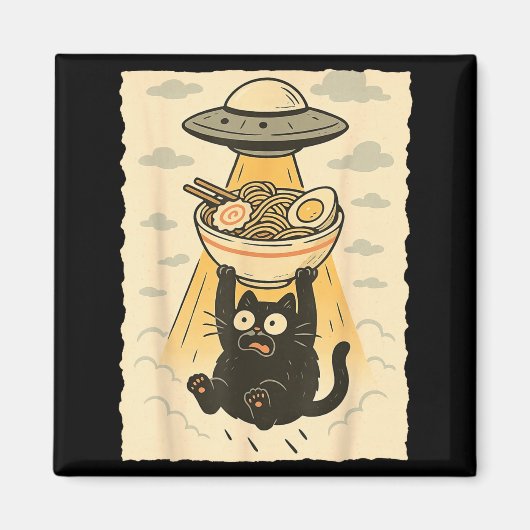 Grappige Zwarte Kat Ufo Ramen Alien Ontvoering Gra Magneet (Voorkant)