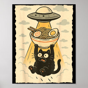 Grappige Zwarte Kat Ufo Ramen Alien Ontvoering Gra Poster